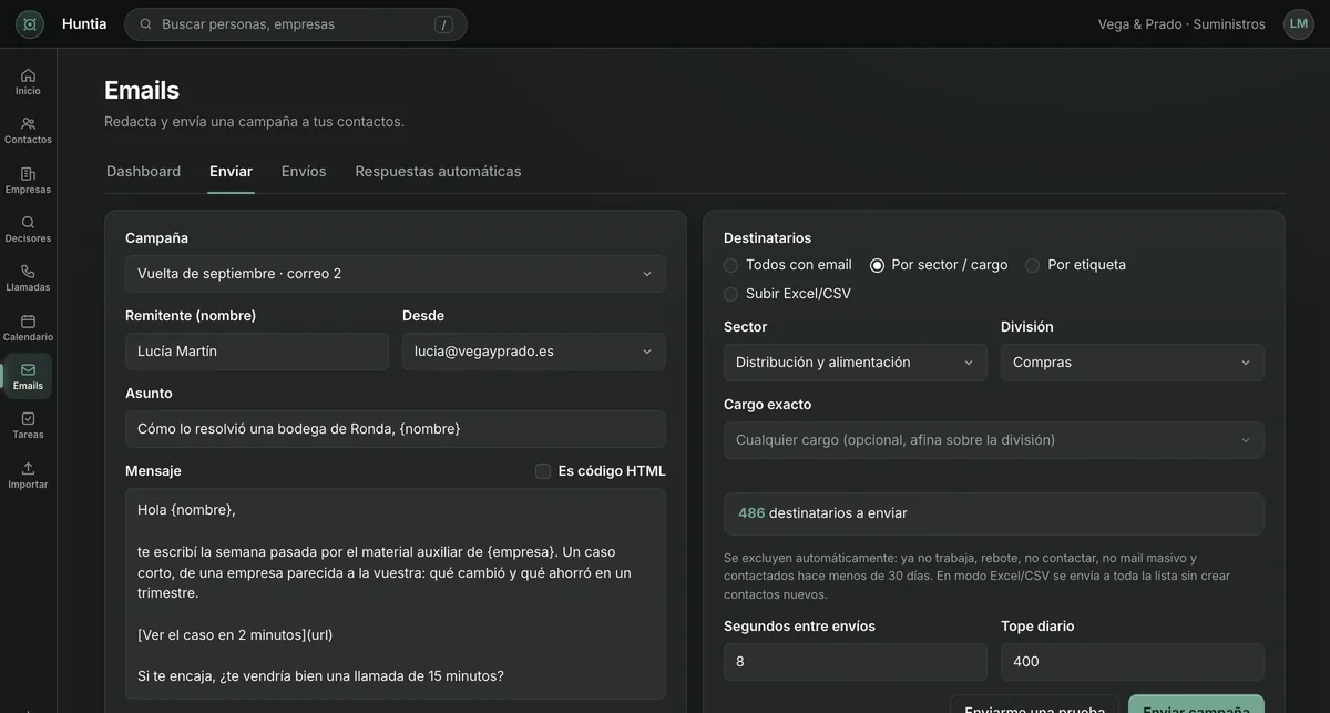 Envío de una campaña de email del CRM Huntia con sus destinatarios por sector y cargo